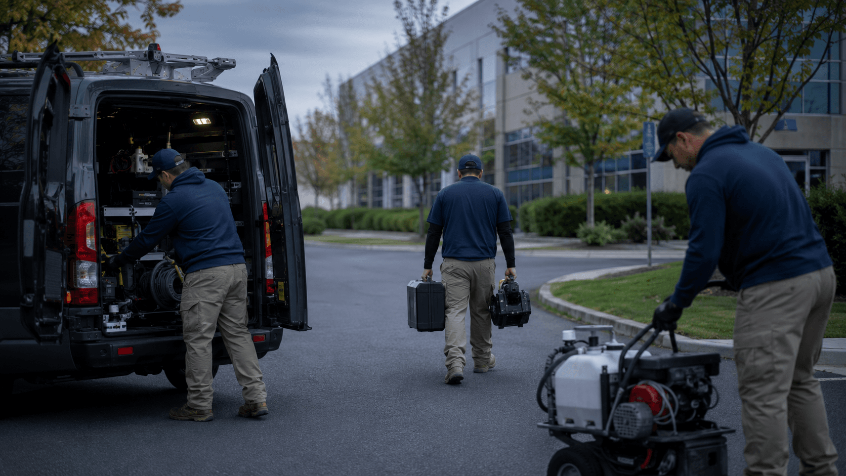 The Medina Services crew loading equipment at the start of a workday