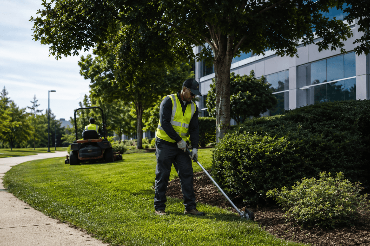 Commercial landscape maintenance in progress at a Northern Virginia property