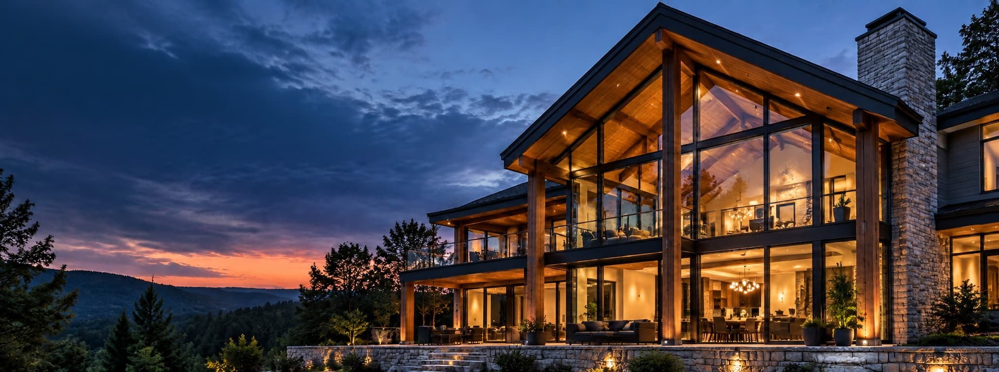 A timber-and-glass home lit from within at dusk, overlooking a wooded valley
